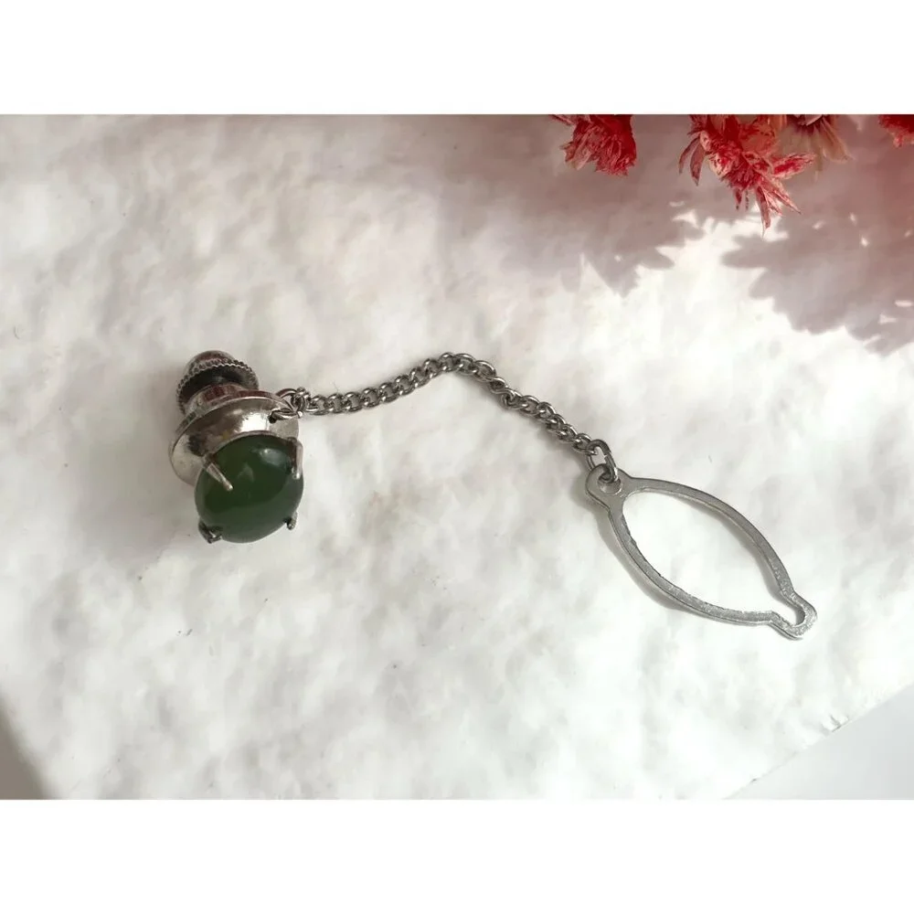 Faux Jade Stone Silver Toned Vintage Men's Tie Tack